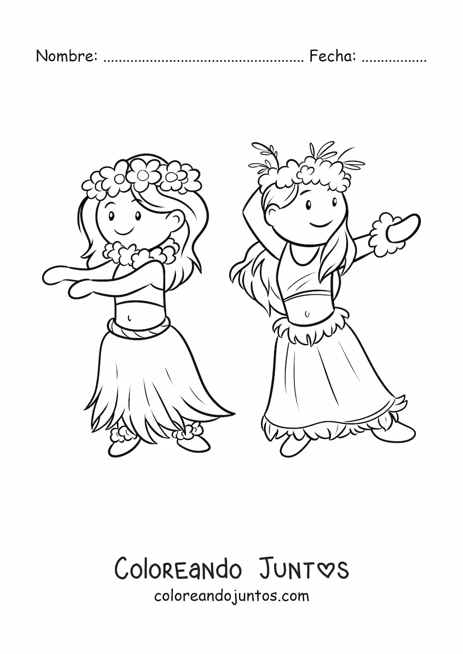 Imagen para colorear de niñas hawaianas bailando el hula