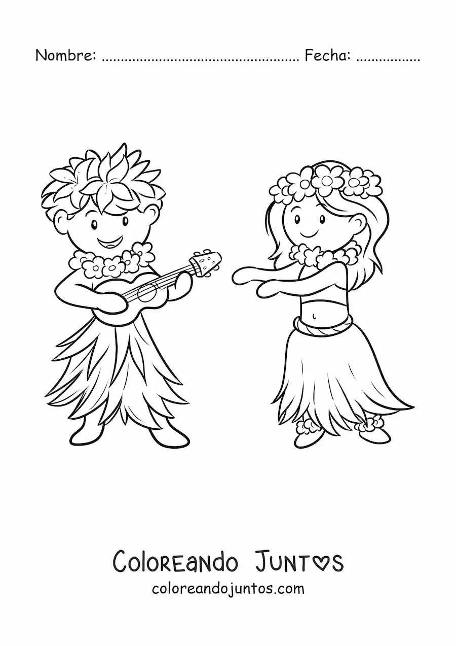 Imagen para colorear de niño hawaiano con guitarra y bailarina de hula