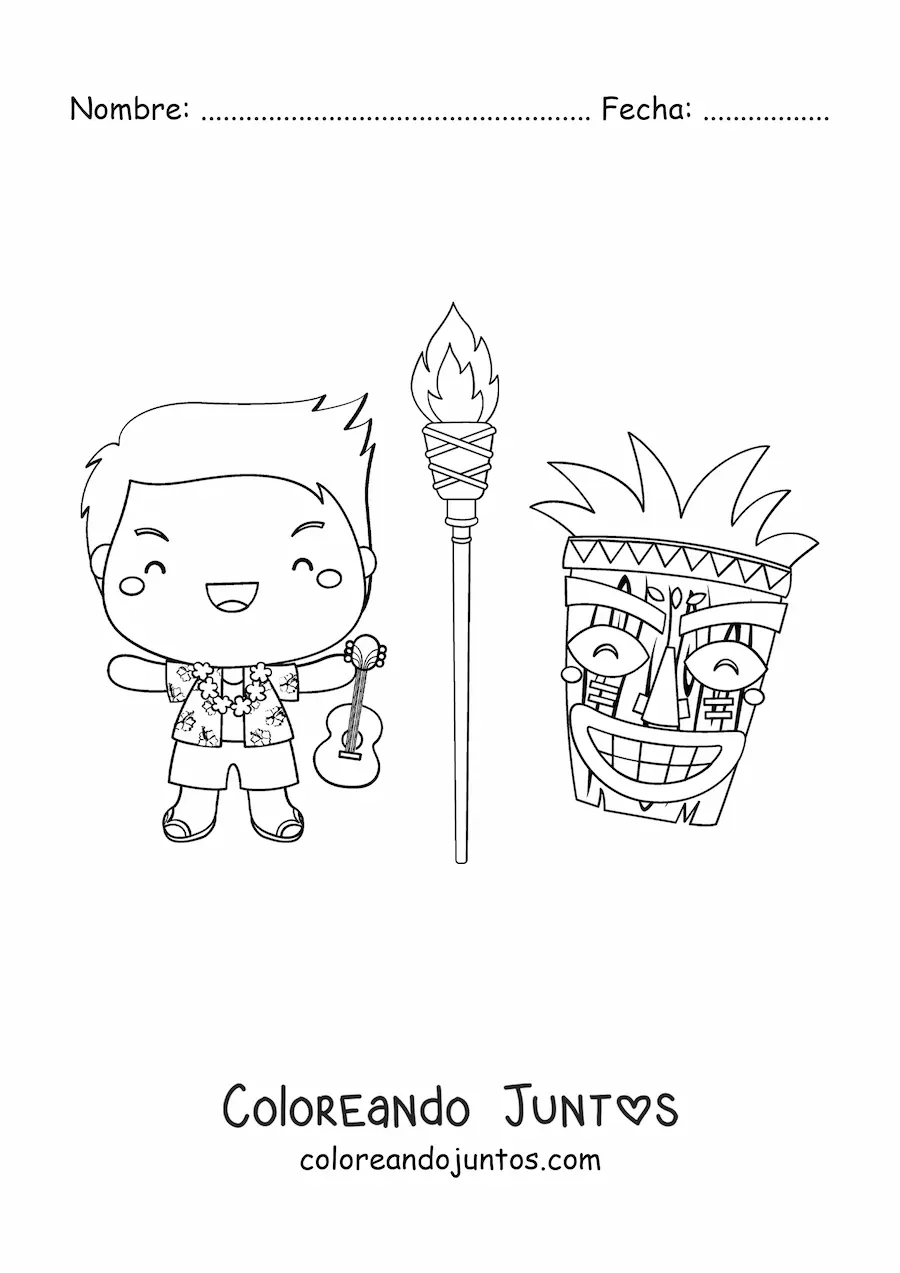 Imagen para colorear de niño kawaii animado con guitarra y máscara tiki