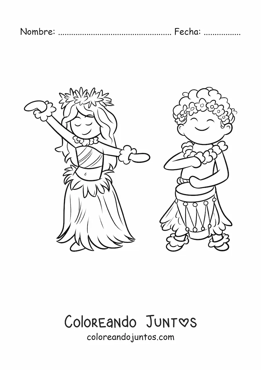 Imagen para colorear de niño hawaiano con tambor y bailarina de hula