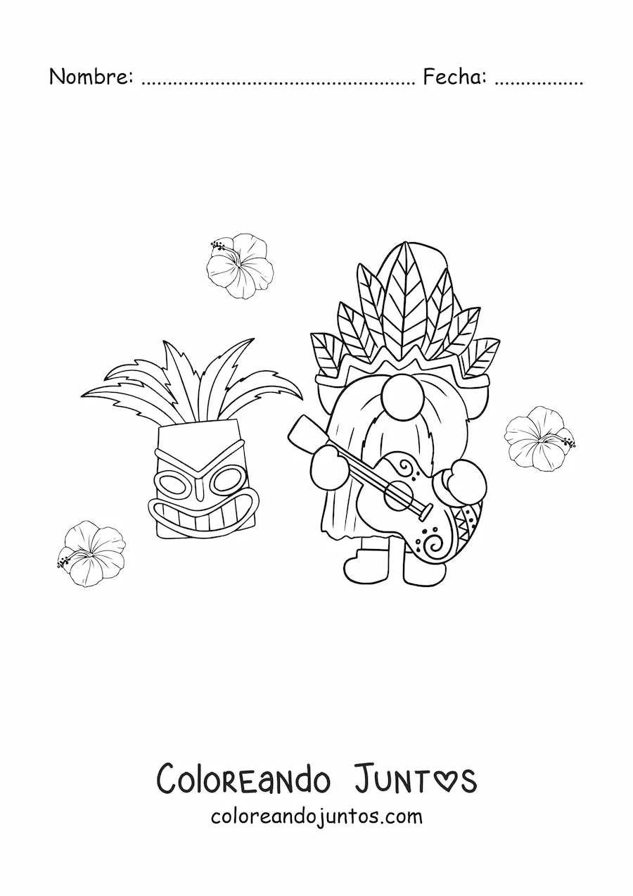 Imagen para colorear de gnomo animado tocando guitarra con máscara tiki