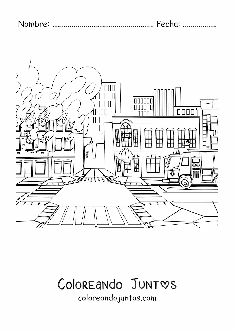 Imagen para colorear de un camión de bomberos junto a un edificio en llamas