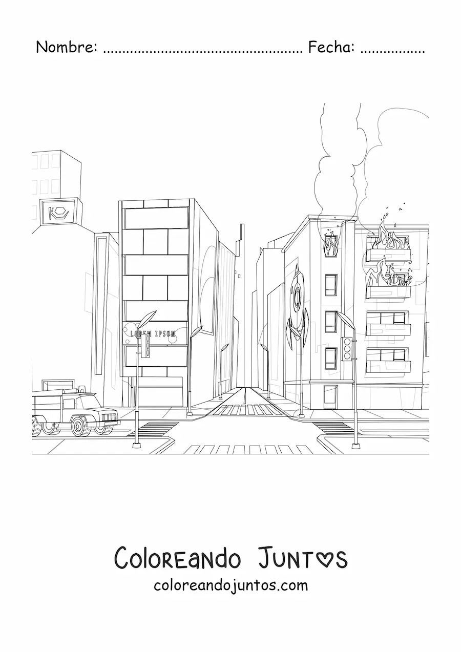 Imagen para colorear de un camión de bomberos en un incendio