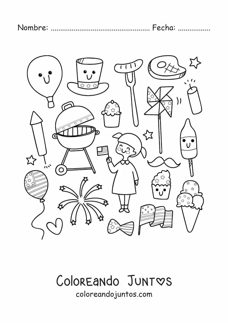 Imagen para colorear de niña con símbolos de la cultura de estados unidos kawaii animados
