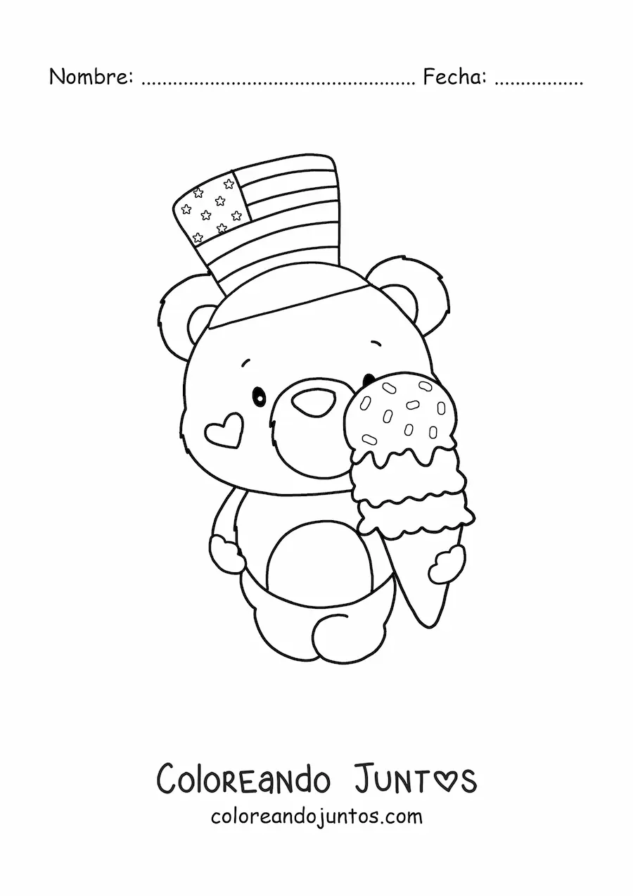 Imagen para colorear de oso animado kawaii con un helado y un sombrero de estados unidos