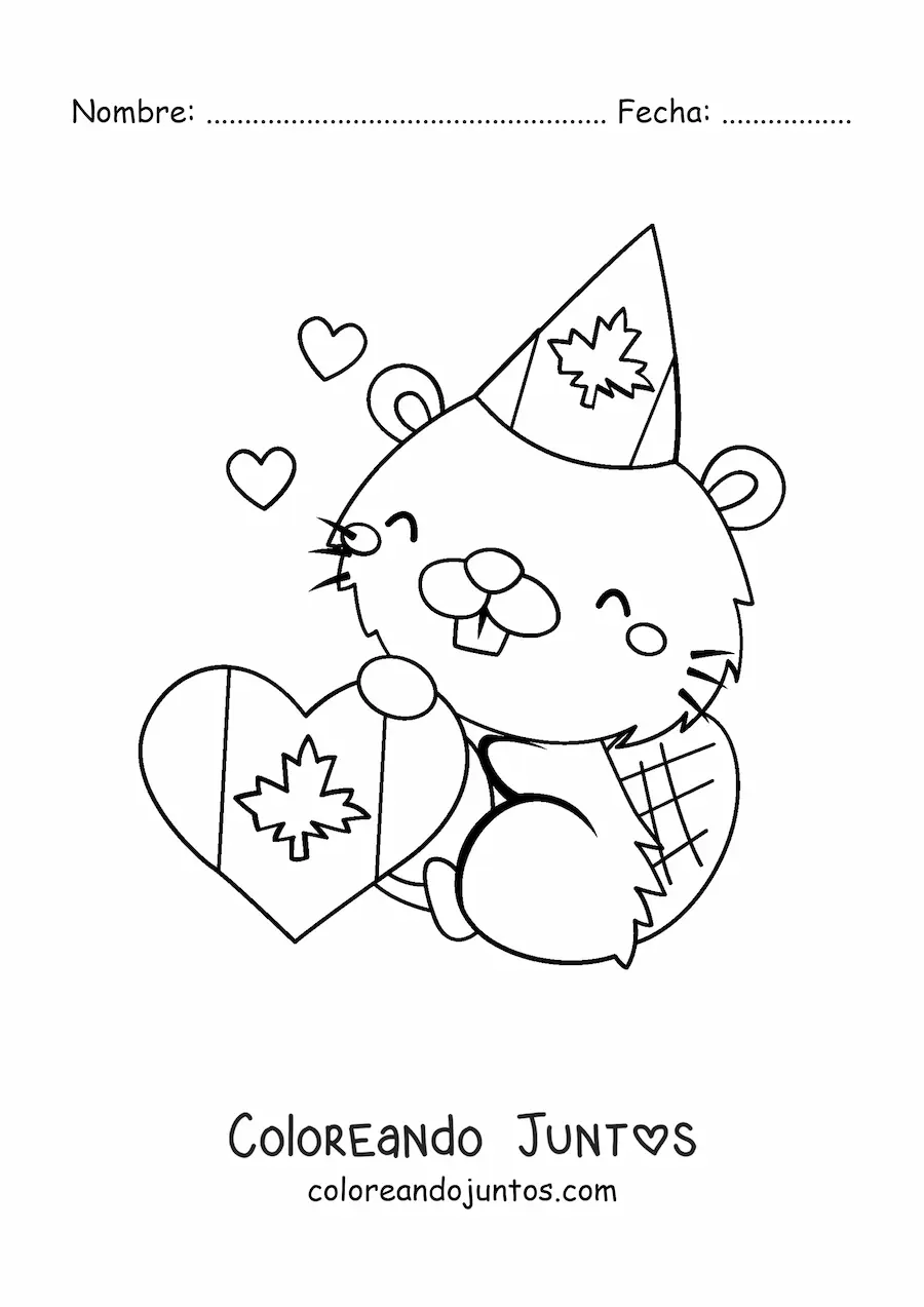 Imagen para colorear de castor canadiense animado kawaii con la bandera de canadá