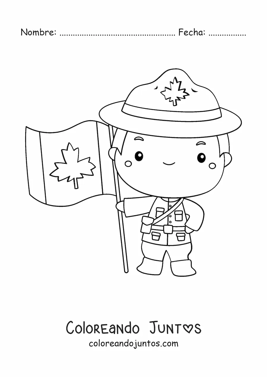 Imagen para colorear de niño policía de canadá kawaii con la bandera