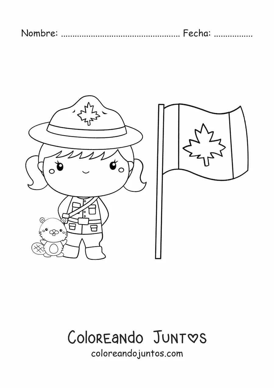 Imagen para colorear de niña policía de canadá kawaii con la bandera y un castor animado
