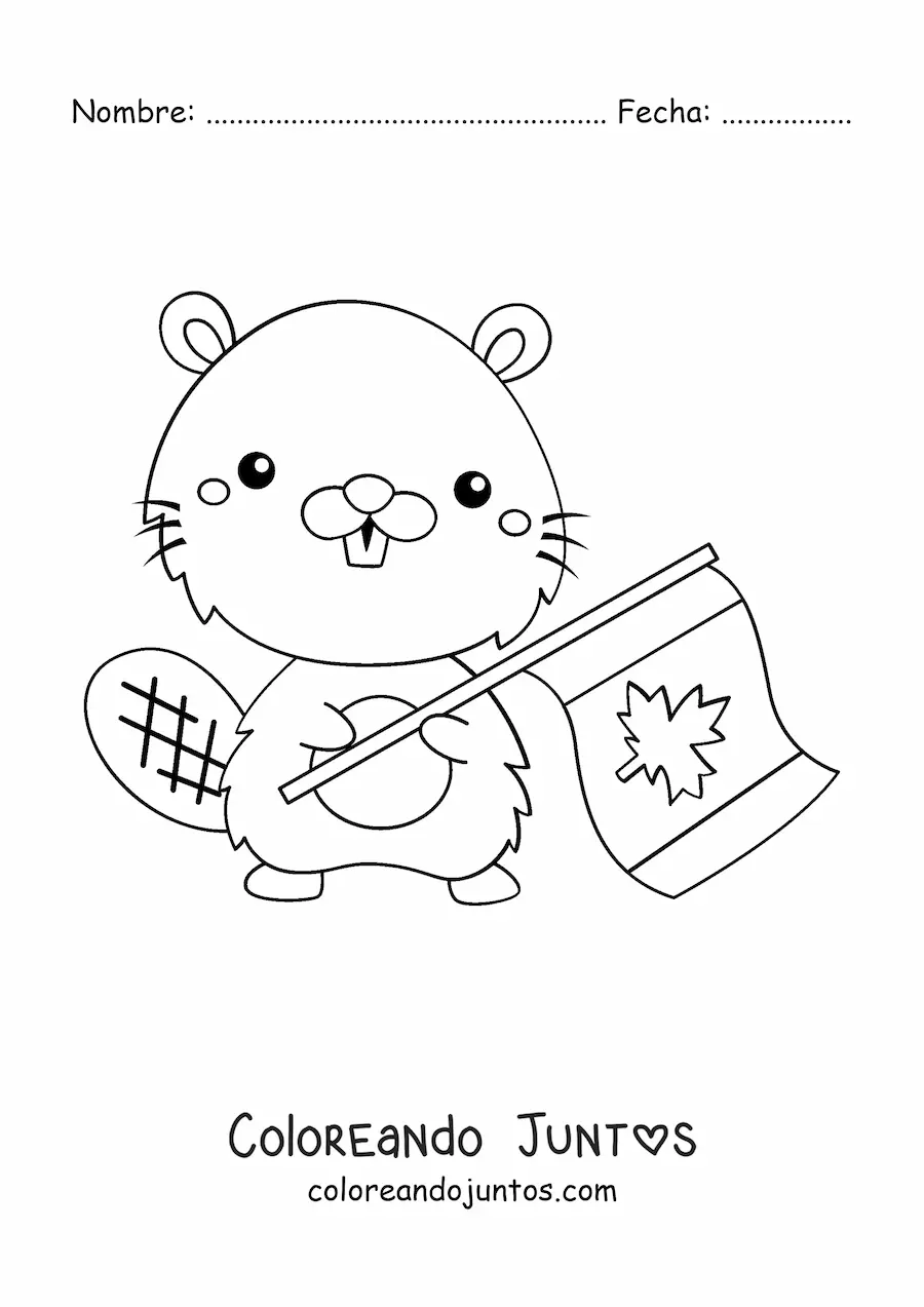 Imagen para colorear de castor animado con la bandera de canadá