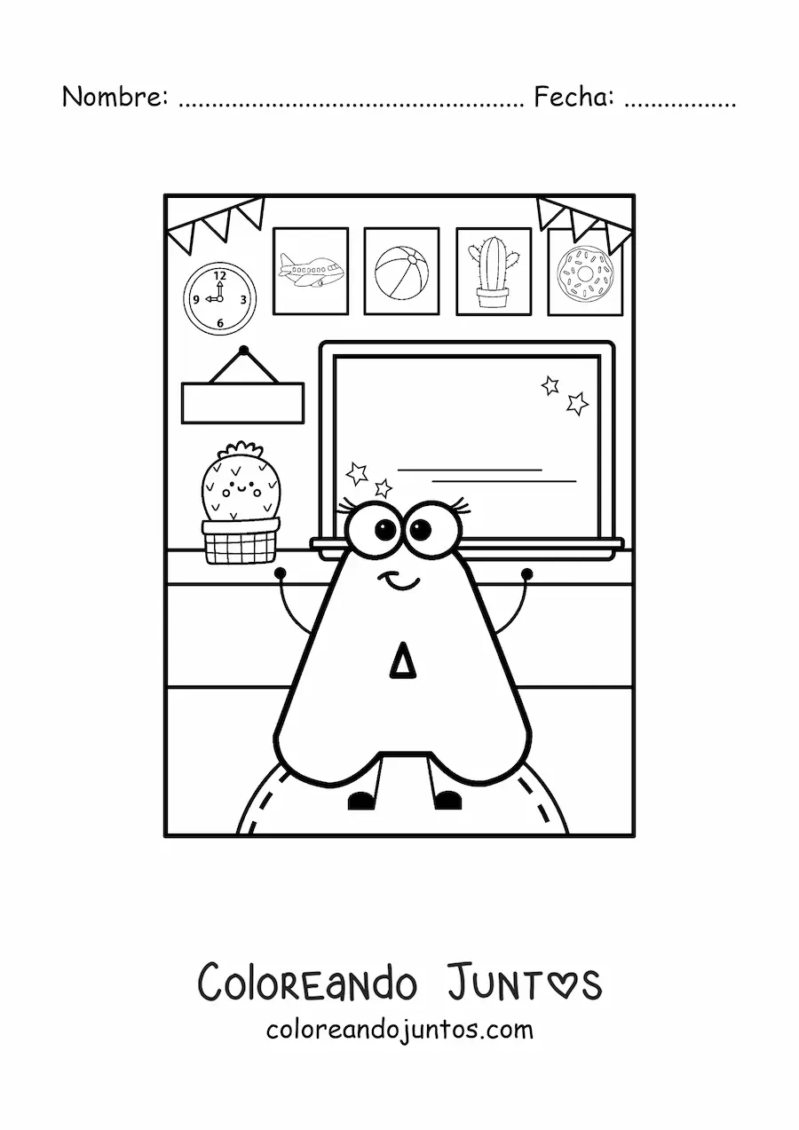 Imagen para colorear de la letra a animada en la escuela