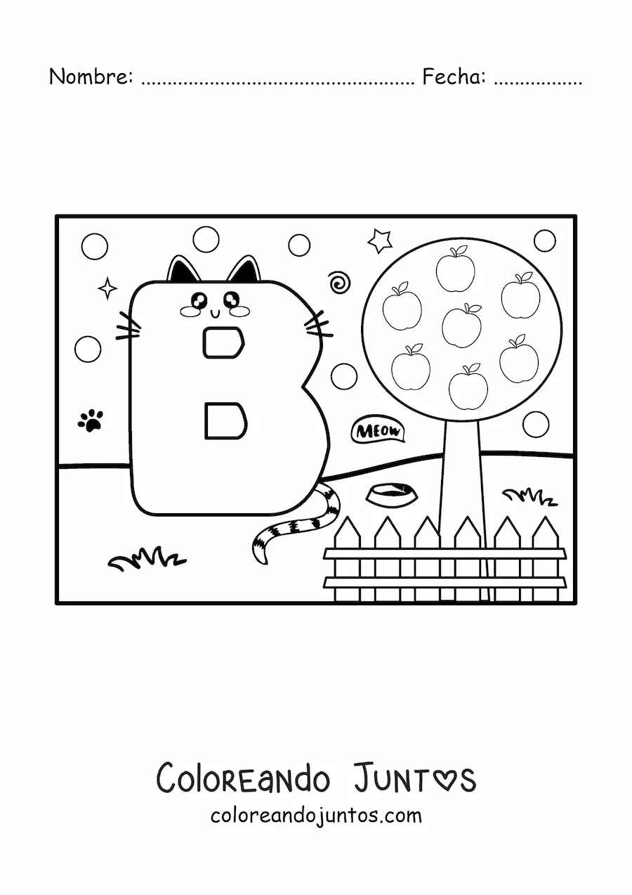 Imagen para colorear de la letra b animada con forma de gato en el parque