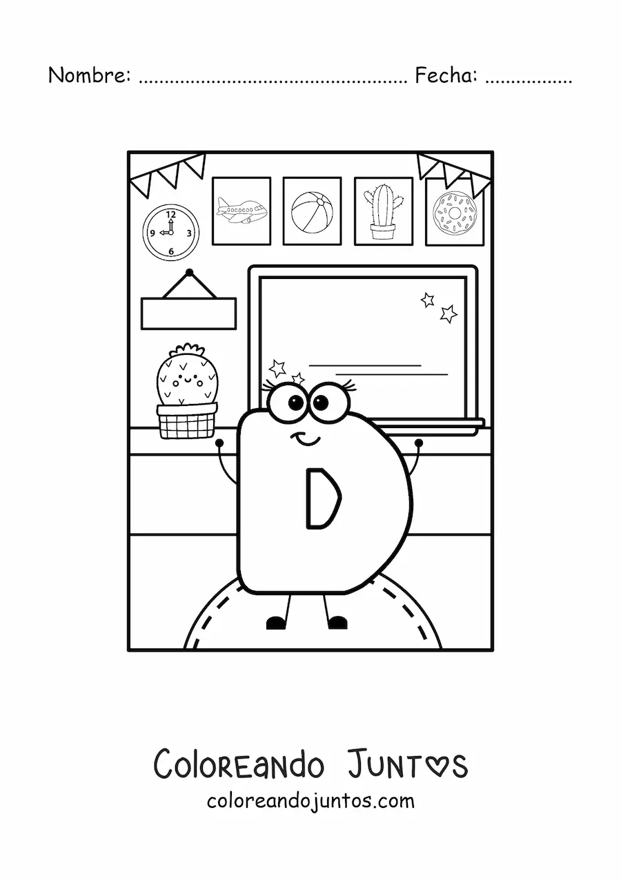 Imagen para colorear de la letra d animada en la escuela