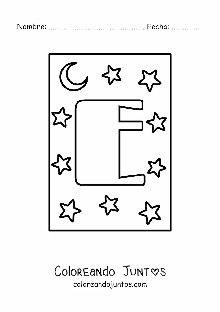 Imagen para colorear de letra e mayúscula con estrellas y una luna