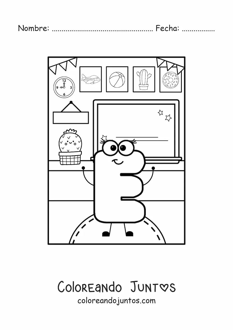Imagen para colorear de la letra e animada en la escuela