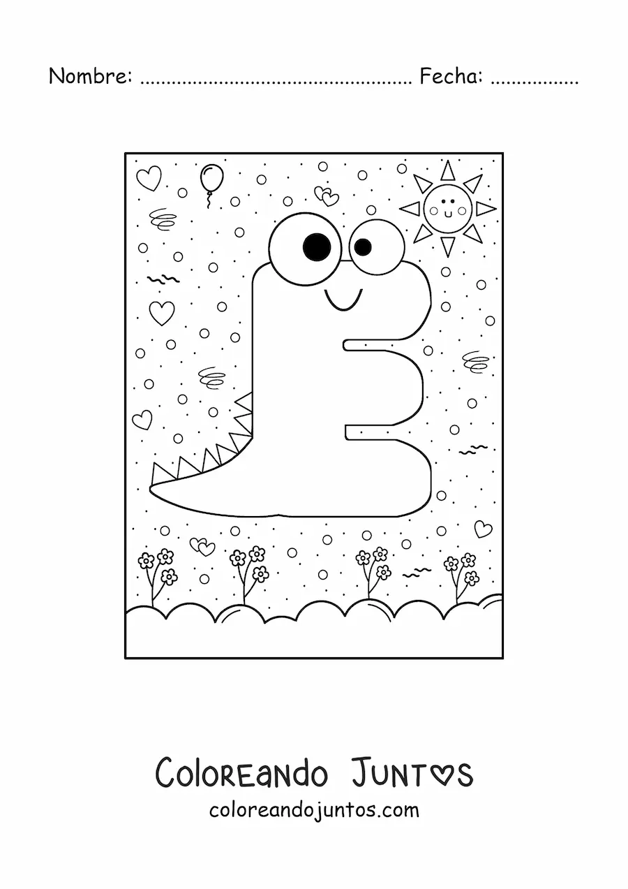 Imagen para colorear de la letra e animada con forma de monstruo con dibujos animados