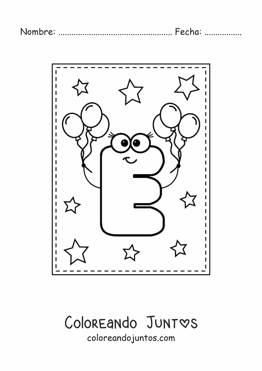 Imagen para colorear de la letra e mayúscula animada con globos