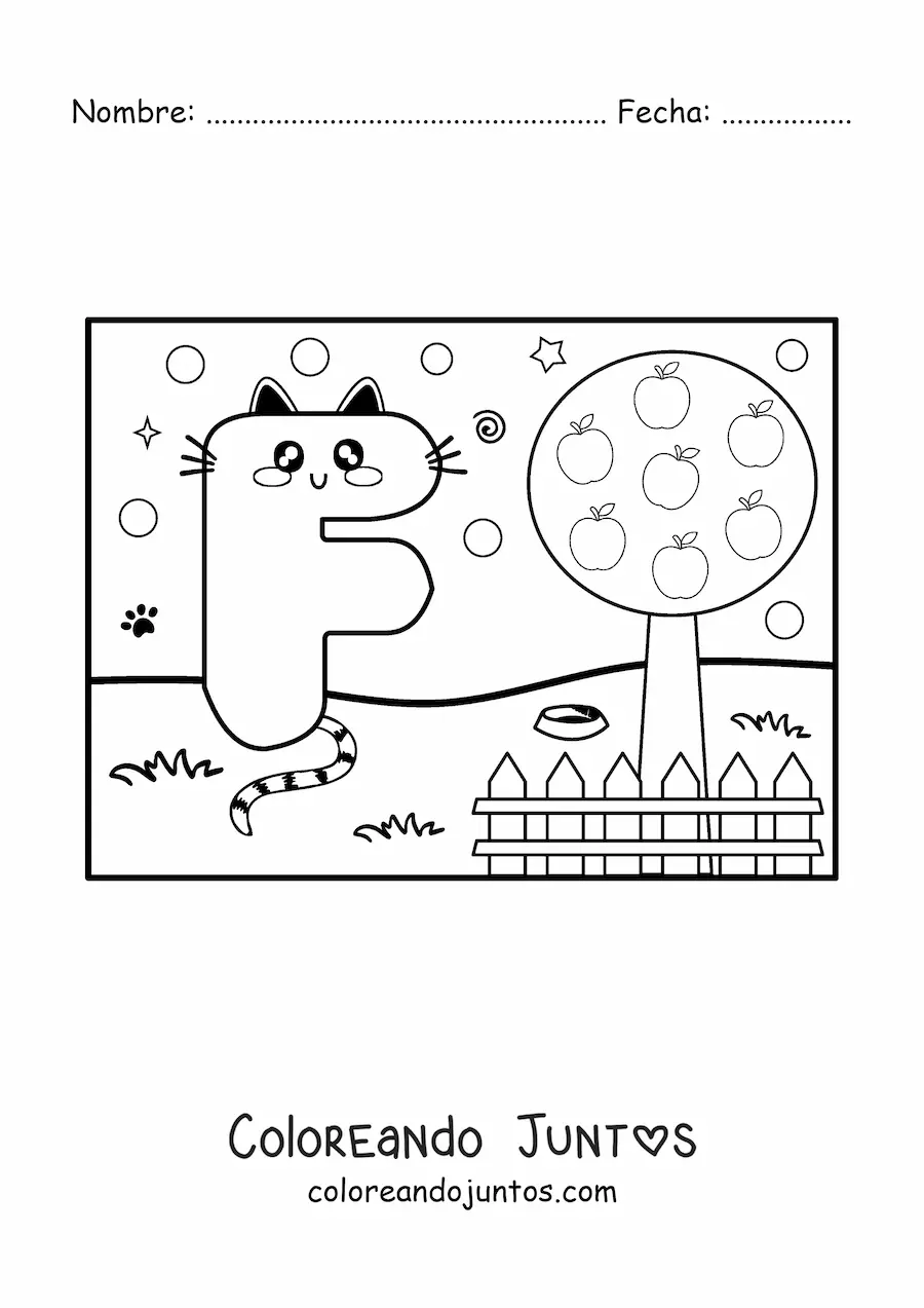 Imagen para colorear de la letra f animada con forma de gato en el parque