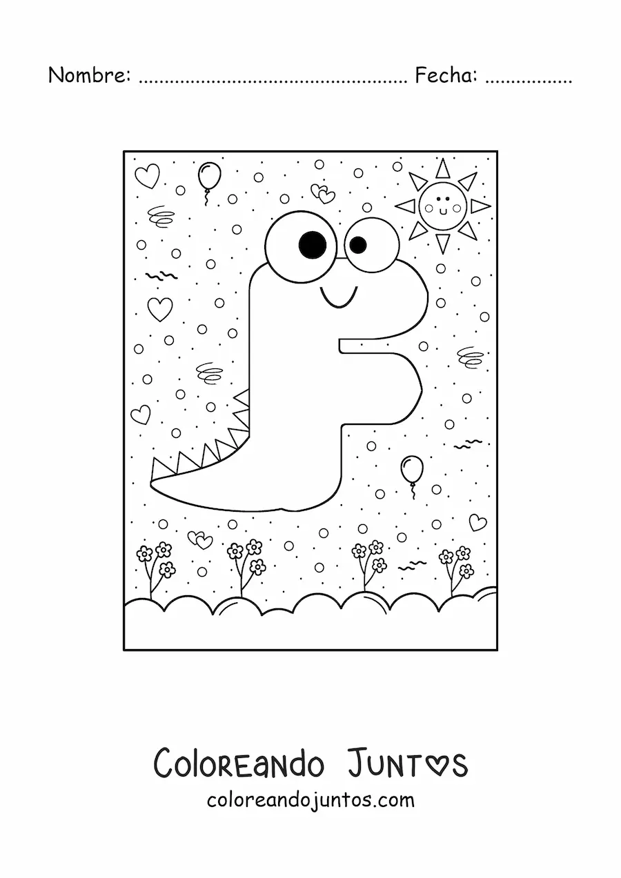 Imagen para colorear de la letra f animada con forma de dinosaurio con dibujos animados