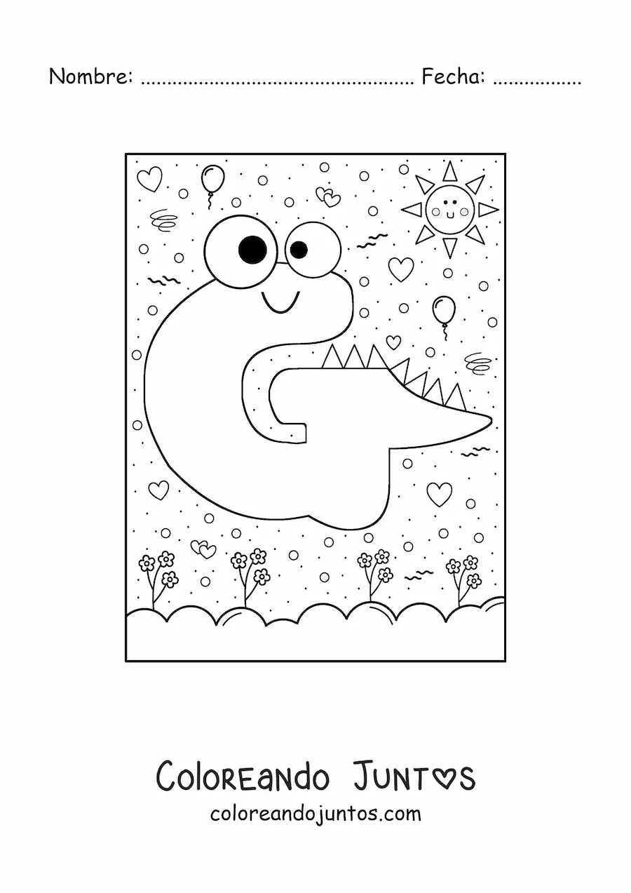 Imagen para colorear de la letra g animada con forma de monstruo con dibujos animados