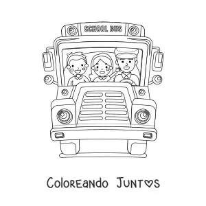 Imagen para colorear de la vista frontal de un autobús escolar con alumnos