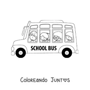 Imagen para colorear de varios niños alumnos animados en autobús escolar