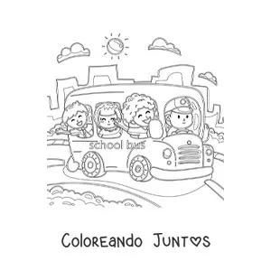 Imagen para colorear de varios niños alumnos felices un en autobús escolar