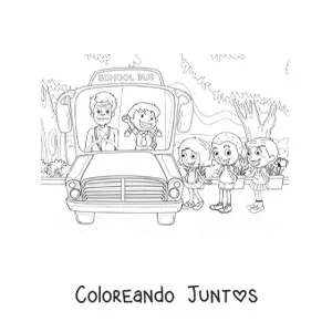 Imagen para colorear de varios alumnos subiendo al transporte escolar