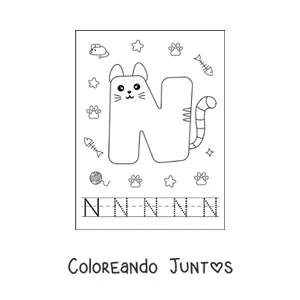 Imagen para colorear de la letra n animada con forma de gato