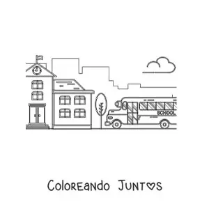 Imagen para colorear de un autobús escolar aparcado junto a una escuela
