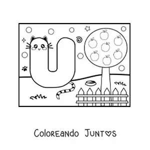 Imagen para colorear de la letra u animada con forma de gato en el parque