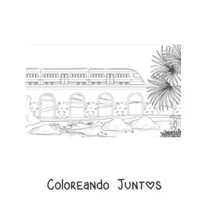 Imagen para colorear de un tren pasando sobre un puente