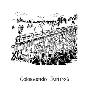 Imagen para colorear de un tren transitando sobre un puente