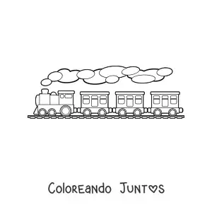 Imagen para colorear de un tren a vapor con tres vagones sobre rieles