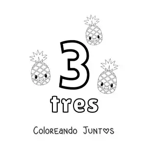 Imagen para colorear de tarjeta del número 3 para aprender a contar con frutas