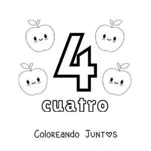 Imagen para colorear de tarjeta del número 4 para aprender a contar con frutas