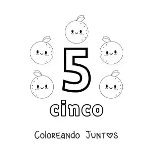 Imagen para colorear de tarjeta del número 5 para aprender a contar con frutas
