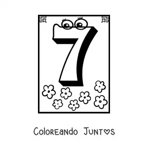 Imagen para colorear de ficha del número 7 animado para aprender a contar