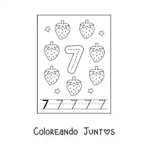 Imagen para colorear de tarjeta para aprender a trazar el número 7 y contar con frutas