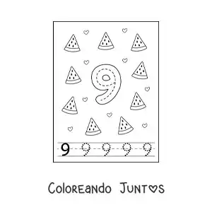 Imagen para colorear de tarjeta para aprender a trazar el número 9 y contar con frutas