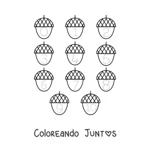 Imagen para colorear de actividad para trazar los números del 1 al 10 con bellotas