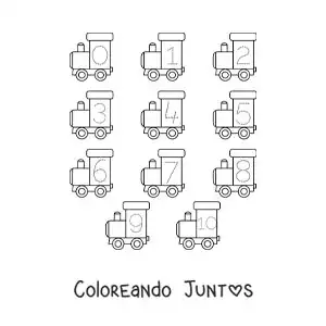 Imagen para colorear de actividad para trazar los números del 1 al 10 con trenes