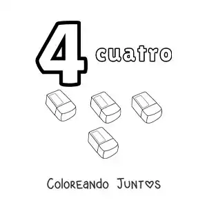 Imagen para colorear de ficha del número 4 para aprender a contar con dibujos divertidos