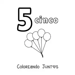 Imagen para colorear de ficha del número 5 para aprender a contar con dibujos divertidos