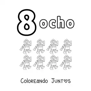 Imagen para colorear de ficha del número 8 para aprender a contar con dibujos divertidos