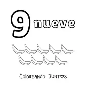 Imagen para colorear de ficha del número 9 para aprender a contar con dibujos divertidos