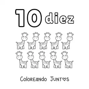 Imagen para colorear de ficha del número 10 para aprender a contar con dibujos divertidos