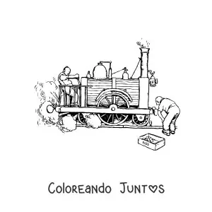 Imagen para colorear de dos hombres probando una locomotora antigua
