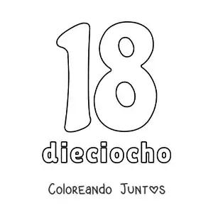 Imagen para colorear de ficha del 18 para aprender los números naturales