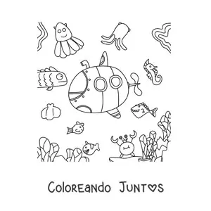 Imagen para colorear de un submarino rodeado de peces animados