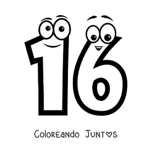 Imagen para colorear del número 16 animado para niños